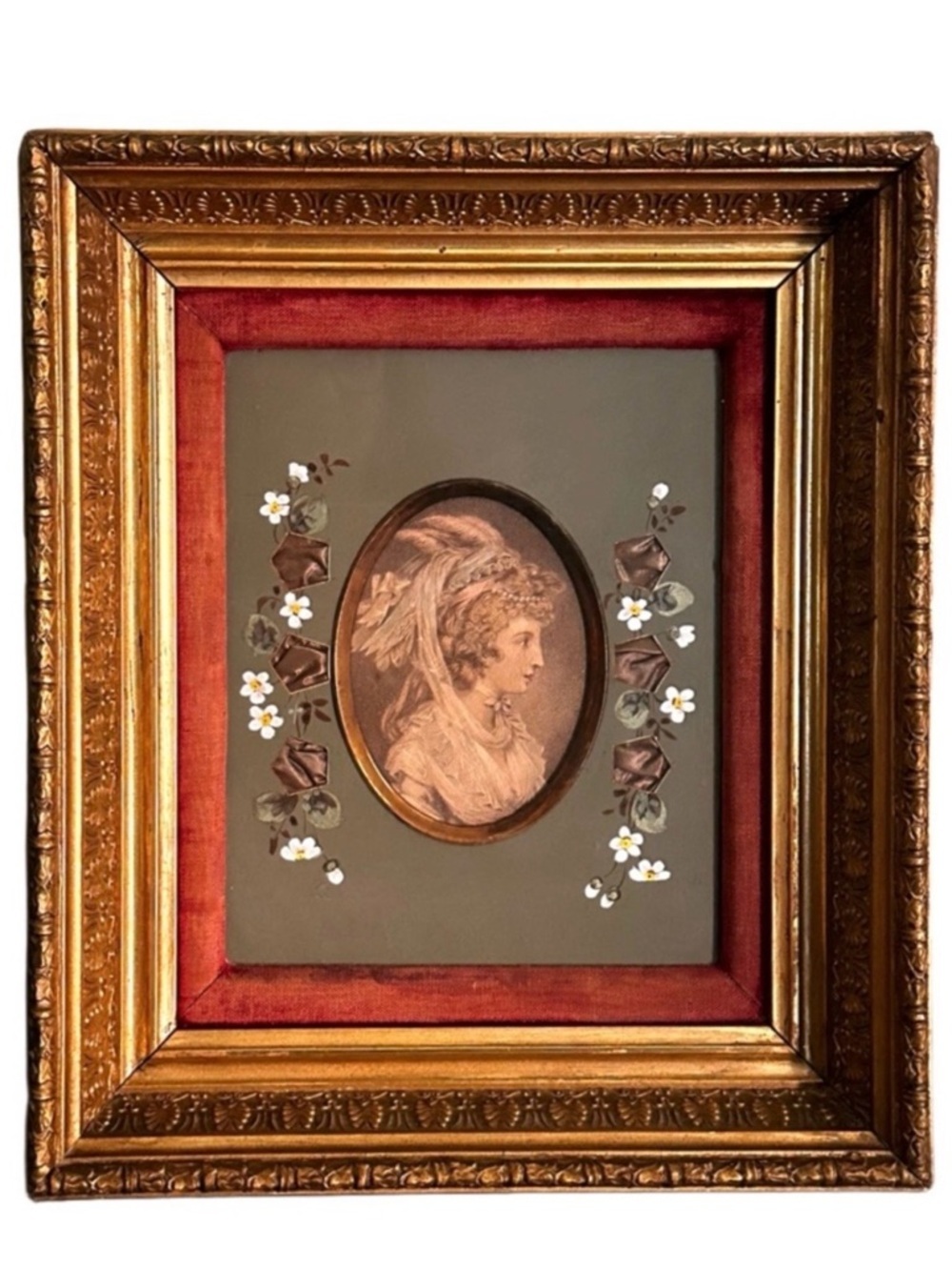 Antique French 1783 Brass Cameo Italian 3D Gold Framed etching painted RedVelvet